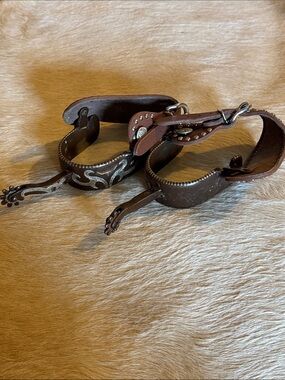 Western Leather Horse Spurs with Silver Engraving